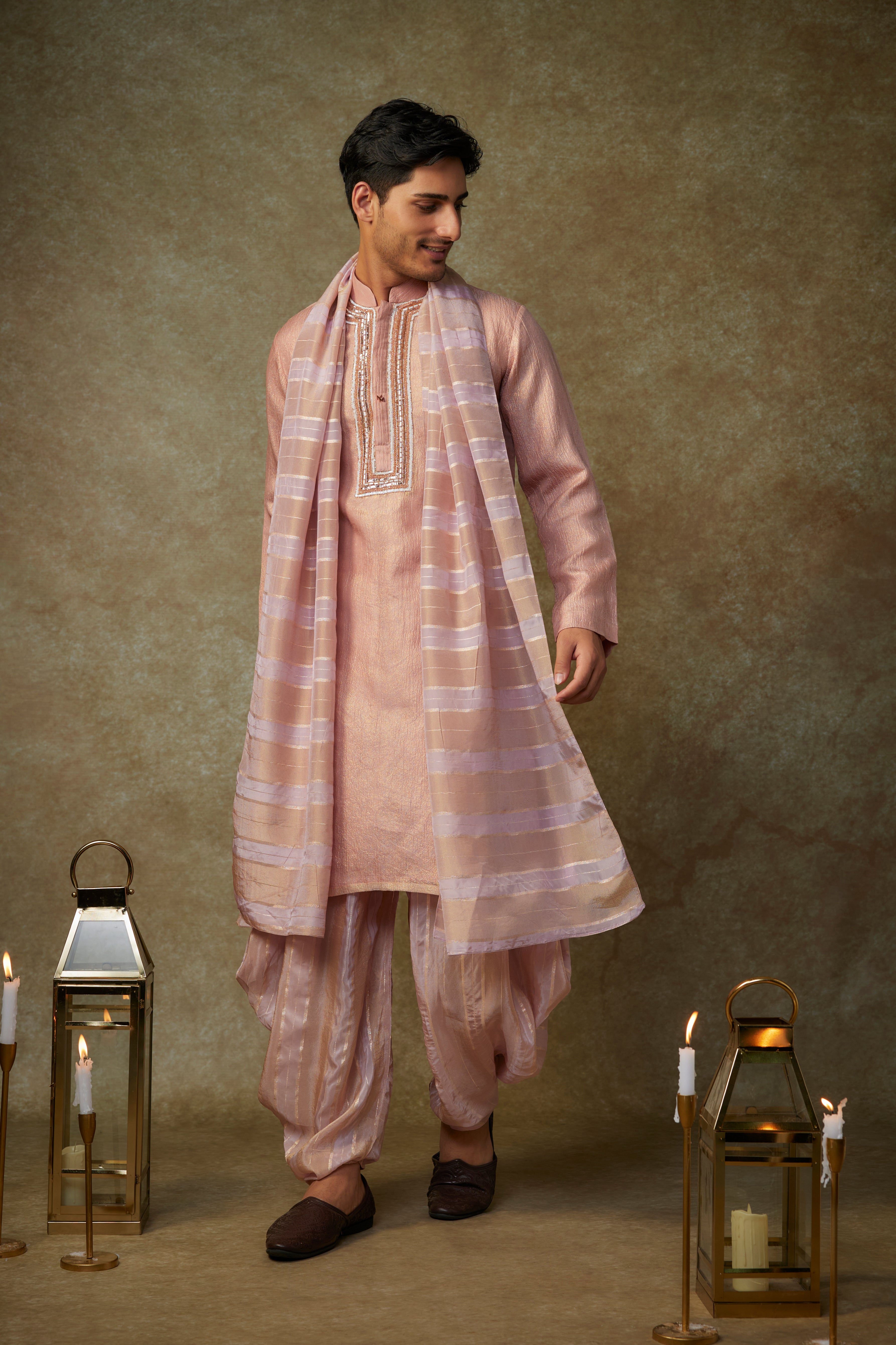 peach embroiderd kurta with dupatta and dhoti