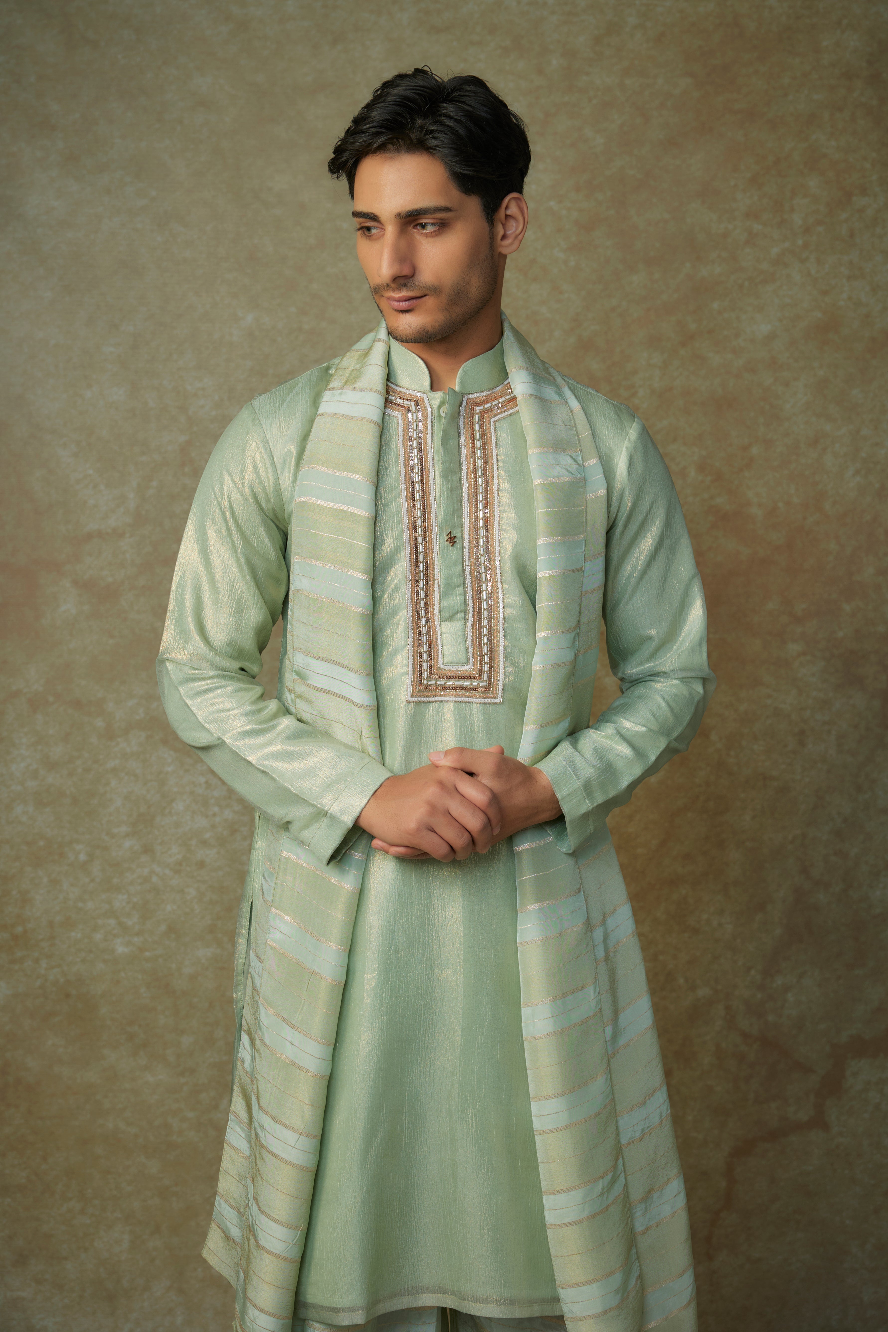 sage green embroiderd kurta with dupatta and dhoti