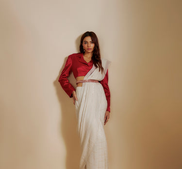 Red Blazer with Beige Saree With Embroiderd Belt