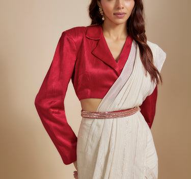 Red Blazer with Beige Saree With Embroiderd Belt