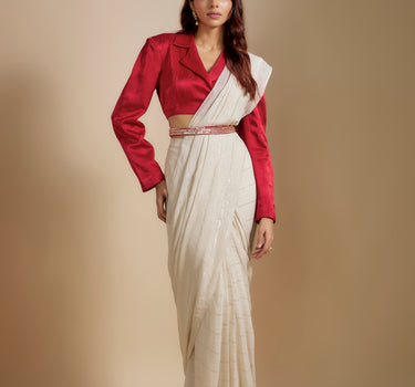 Red Blazer with Beige Saree With Embroiderd Belt