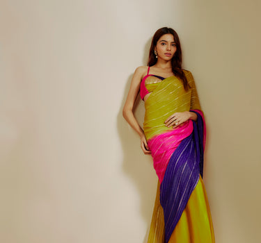 Mustard Ombre Saree With Multi-Coloured Blouse