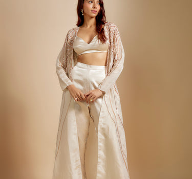 Beige Embroiderd jacket with Beige Top And Pant