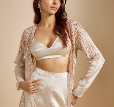 Beige Embroiderd jacket with Beige Top And Pant