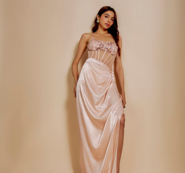 Peach Embroidered Drape Corset Dress