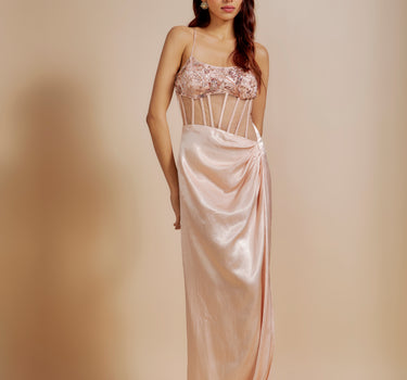 Peach Embroidered Drape Corset Dress