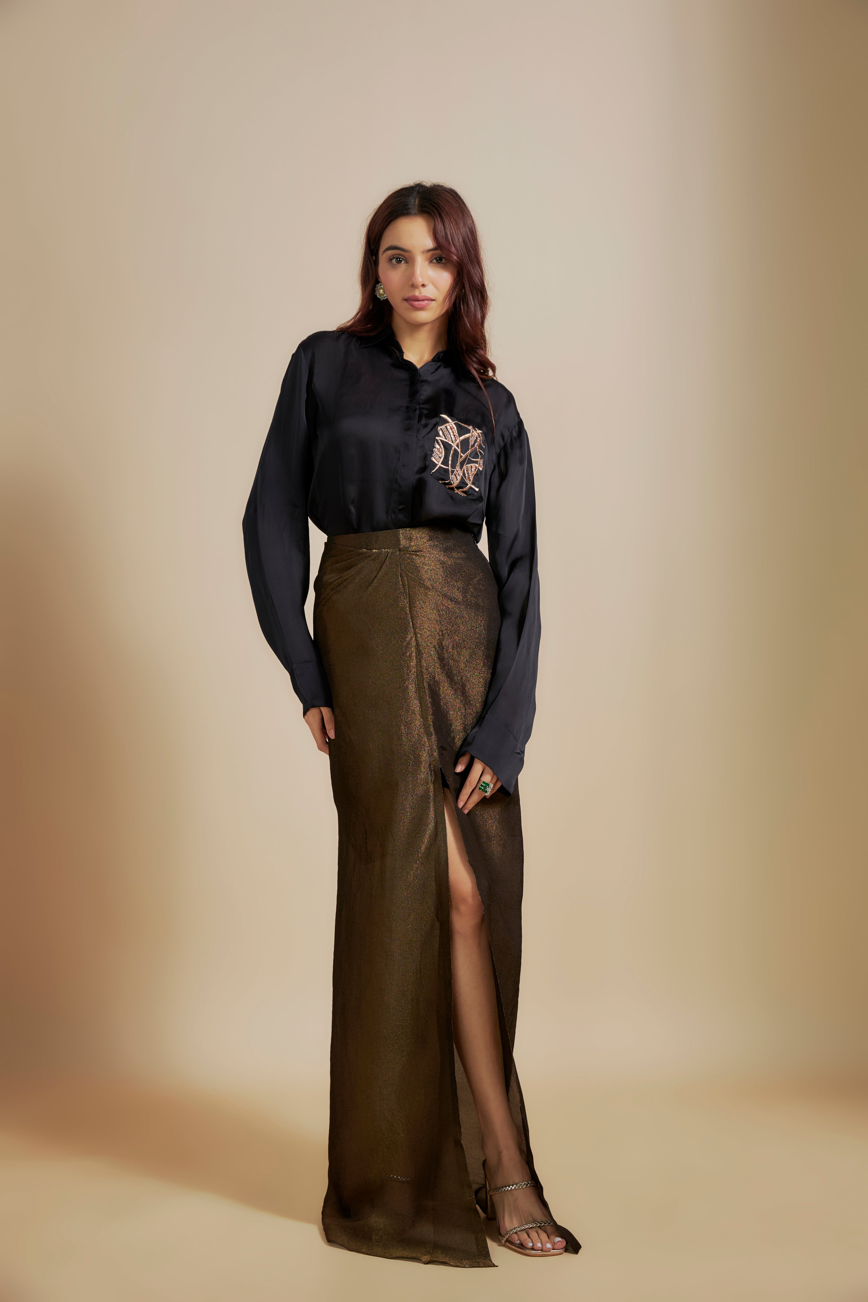 Black Embroidered Shirt With Black Skirt