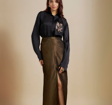 Black Embroidered Shirt With Black Skirt