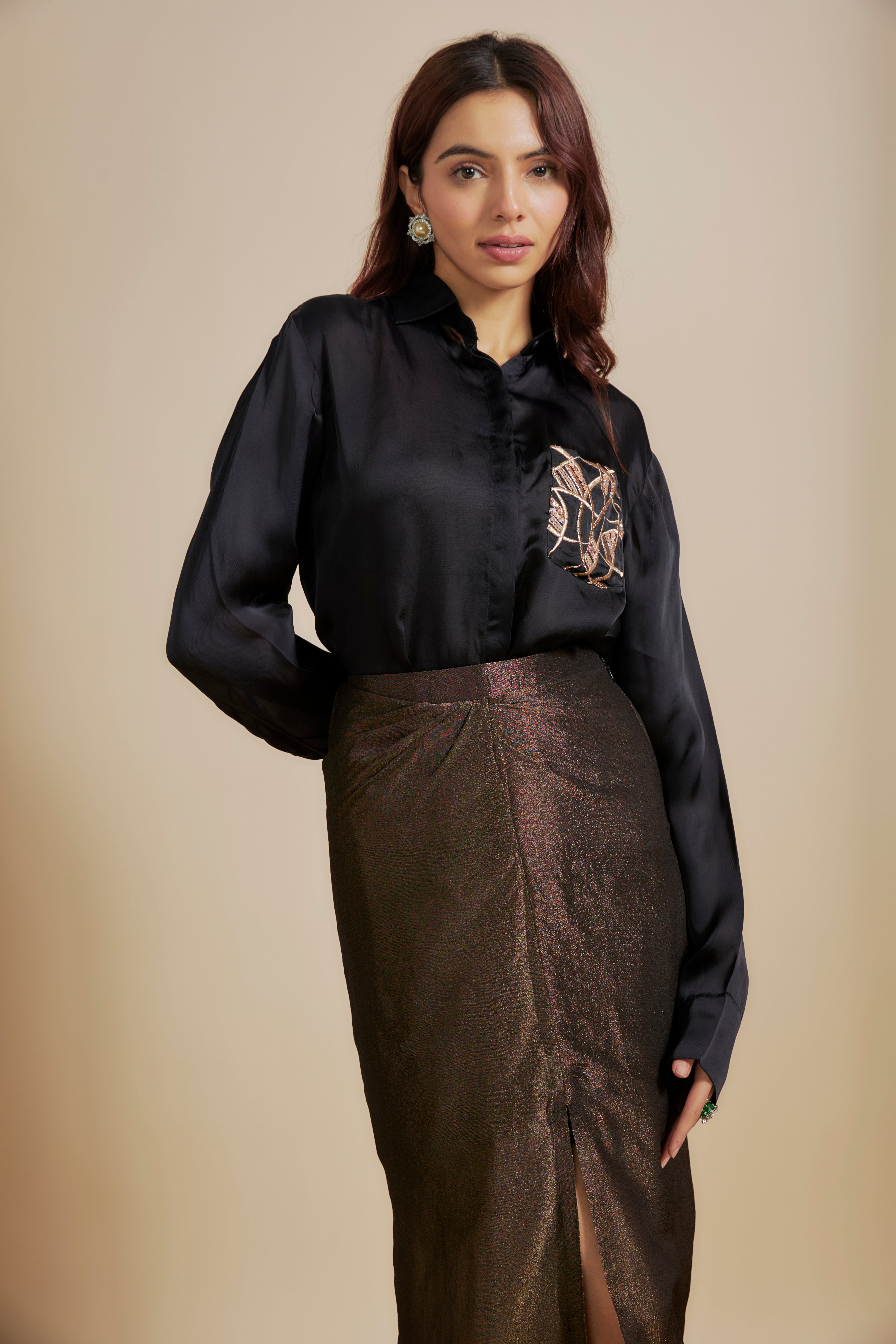 Black Embroidered Shirt With Black Skirt