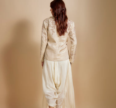 Beige Tissue  Embroidered Jacket With Cream Dhoti