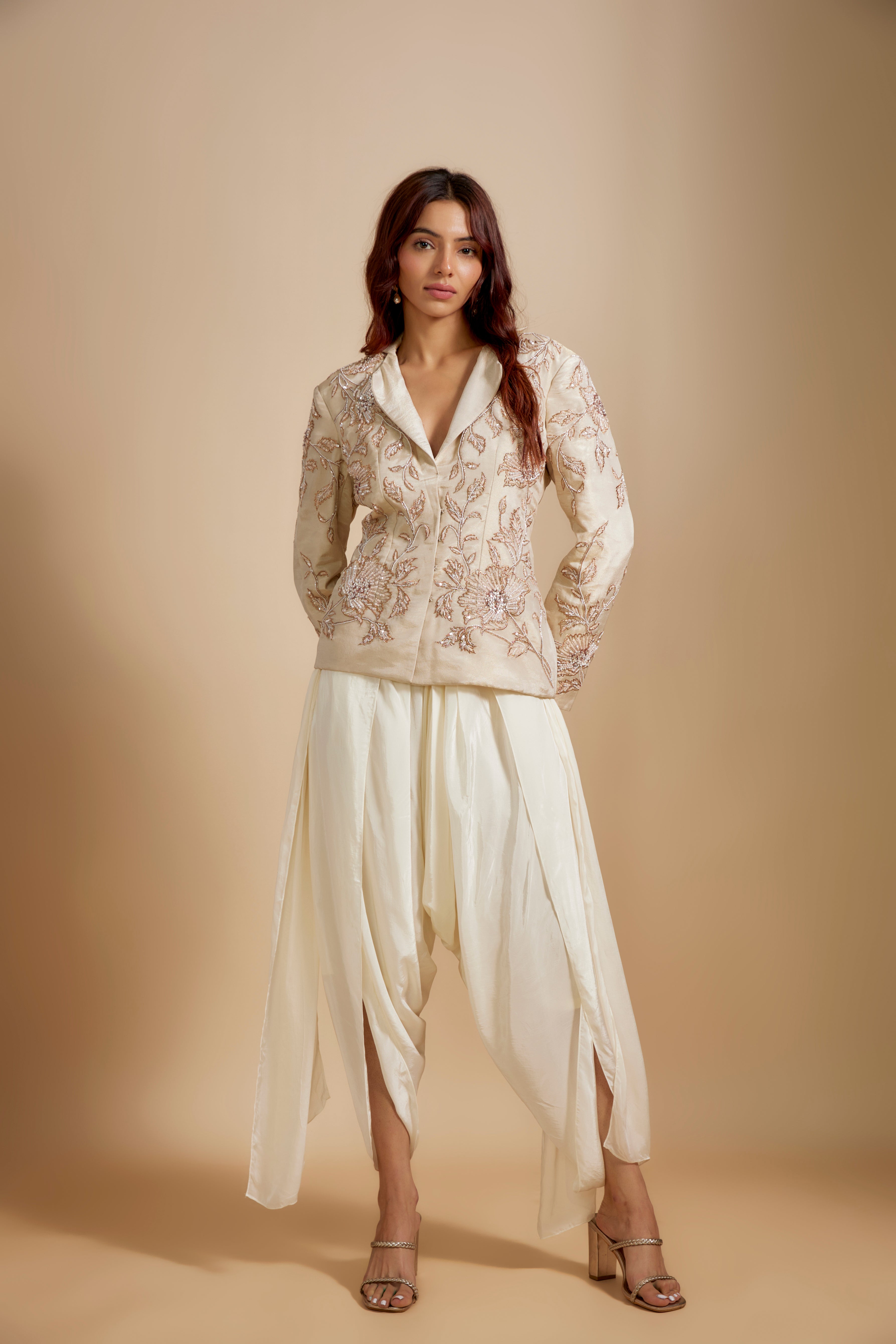 Beige Tissue  Embroidered Jacket With Cream Dhoti