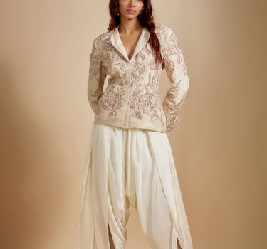 Beige Tissue  Embroidered Jacket With Cream Dhoti