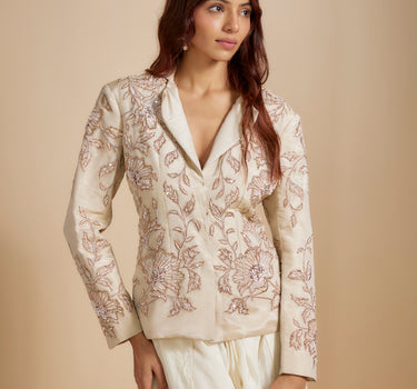 Beige Tissue  Embroidered Jacket With Cream Dhoti