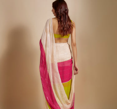 Multi-Colour  Block Saree With Neon Green Blouse