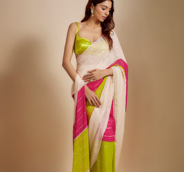 Multi-Colour  Block Saree With Neon Green Blouse