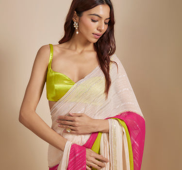 Multi-Colour  Block Saree With Neon Green Blouse