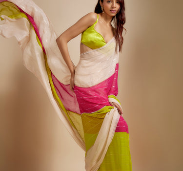 Multi-Colour  Block Saree With Neon Green Blouse