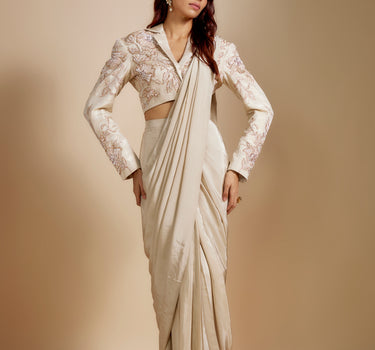 Beige Embroidered Short Blazer With Saree