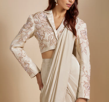 Beige Embroidered Short Blazer With Saree