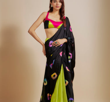 Black  Shibori Saree With Multi-Colour Blouse