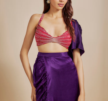 Red embroidered Blouse With Purple Skirt & Drape