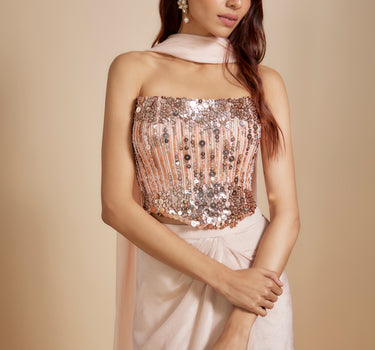 Peach Embroidered corset With Rose Gold Skirt