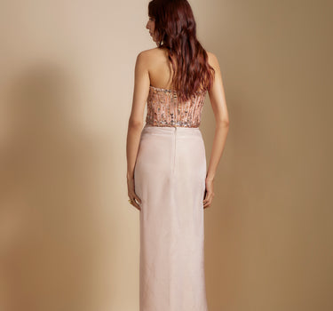 Peach Embroidered corset With Rose Gold Skirt