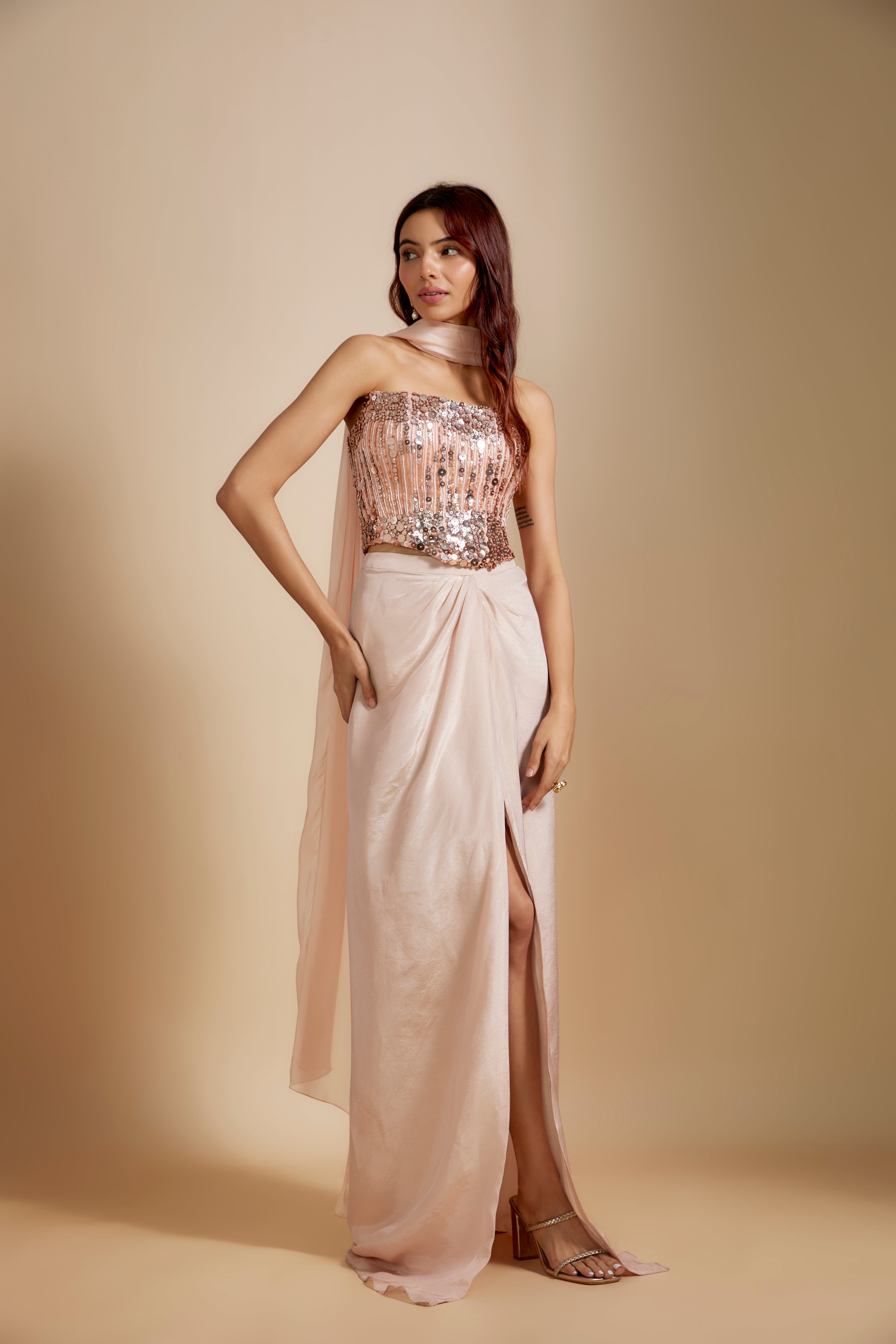 Peach Embroidered corset With Rose Gold Skirt