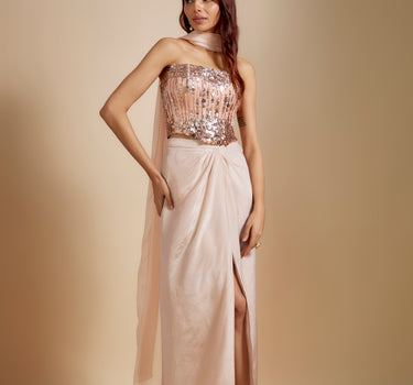 Peach Embroidered corset With Rose Gold Skirt