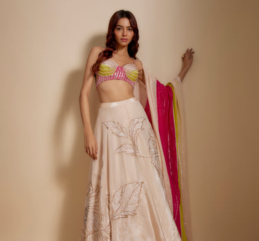 Peach Embroidered Lehenga With Multi-Coloured Blouse and Dupatta