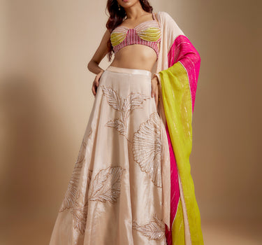 Peach Embroidered Lehenga With Multi-Coloured Blouse and Dupatta