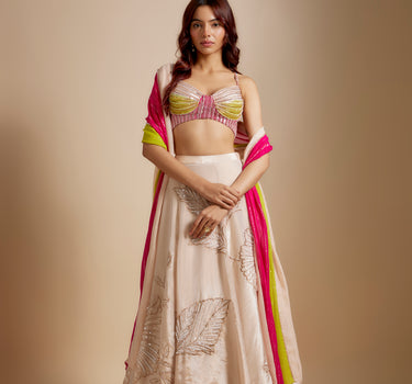 Peach Embroidered Lehenga With Multi-Coloured Blouse and Dupatta