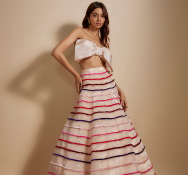 Peach Multiple-Coloured Embroidered Lehenga With Bow Blouse