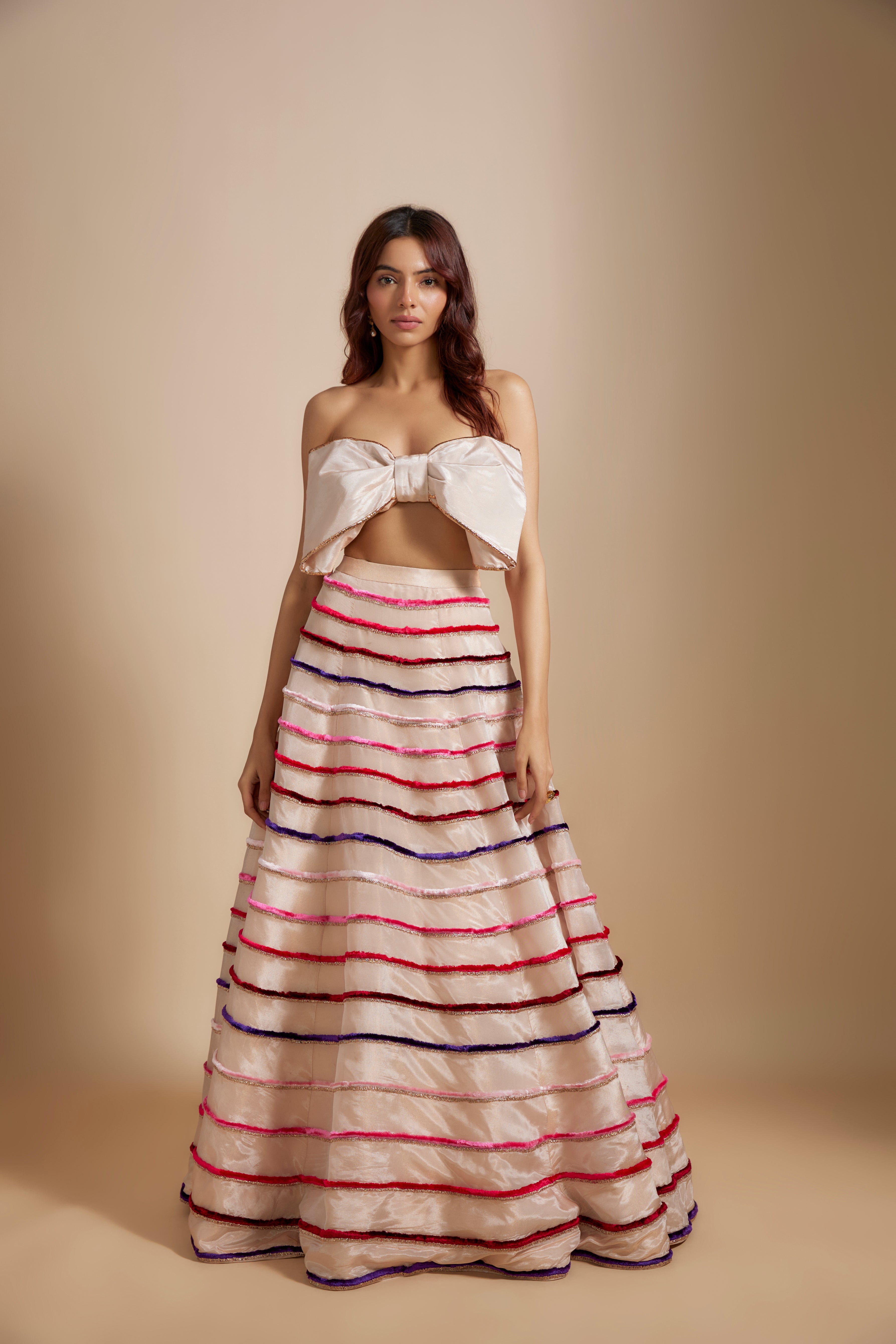 Peach Multiple-Coloured Embroidered Lehenga With Bow Blouse