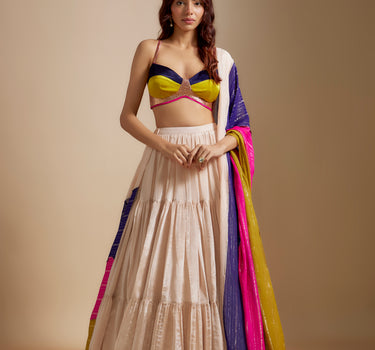 Peach Tissue Skirt With Multi- colored Blouse With Multi-Coloured Dupatta