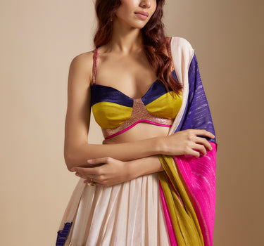 Peach Tissue Skirt With Multi- colored Blouse With Multi-Coloured Dupatta