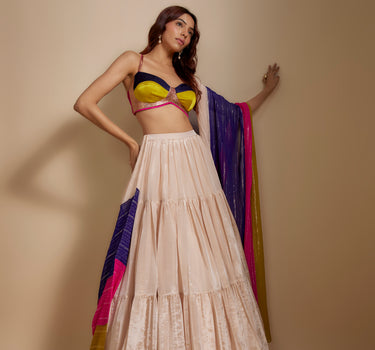 Peach Tissue Skirt With Multi- colored Blouse With Multi-Coloured Dupatta