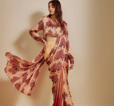 Peach Ajrakh Printed Shirt With Saree