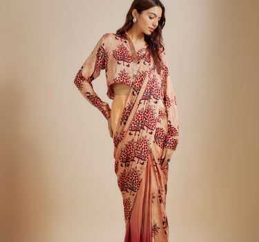 Peach Ajrakh Printed Shirt With Saree