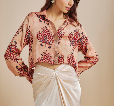 Peach Printed  Shirt With Cream Skirt