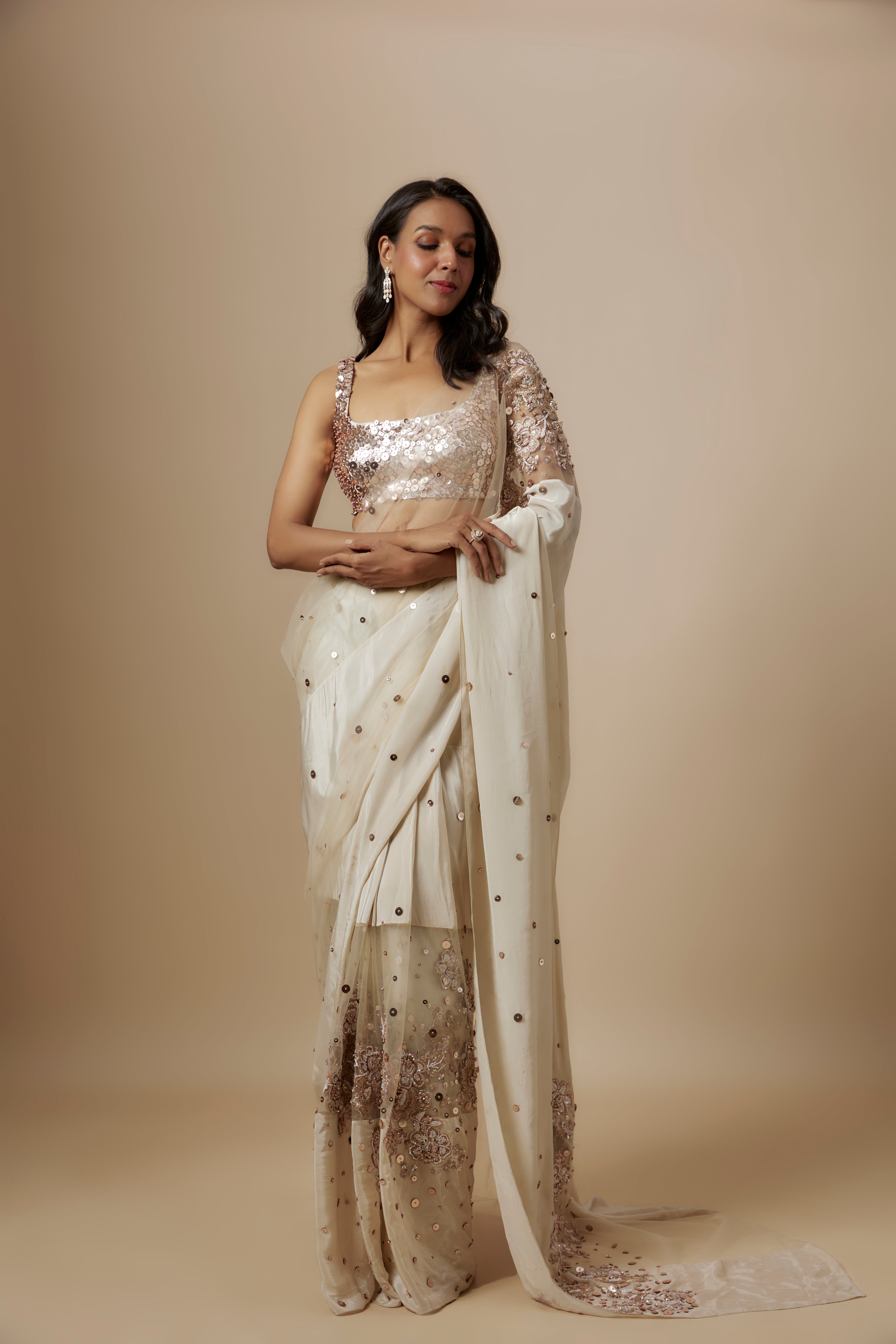 Beige Block  Embroidered Saree With Embroidered Blouse
