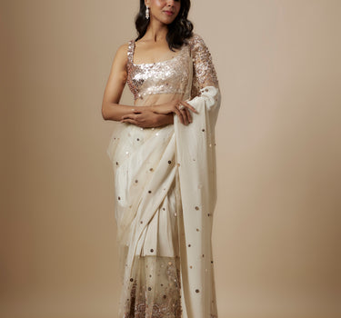 Beige Block  Embroidered Saree With Embroidered Blouse