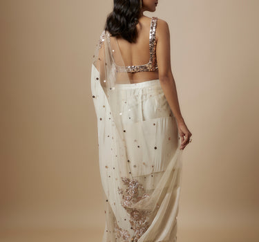 Beige Block  Embroidered Saree With Embroidered Blouse