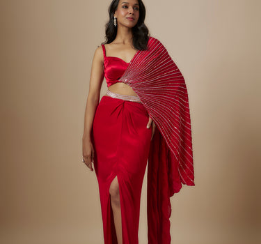 Red Skirt With Drape Blouse