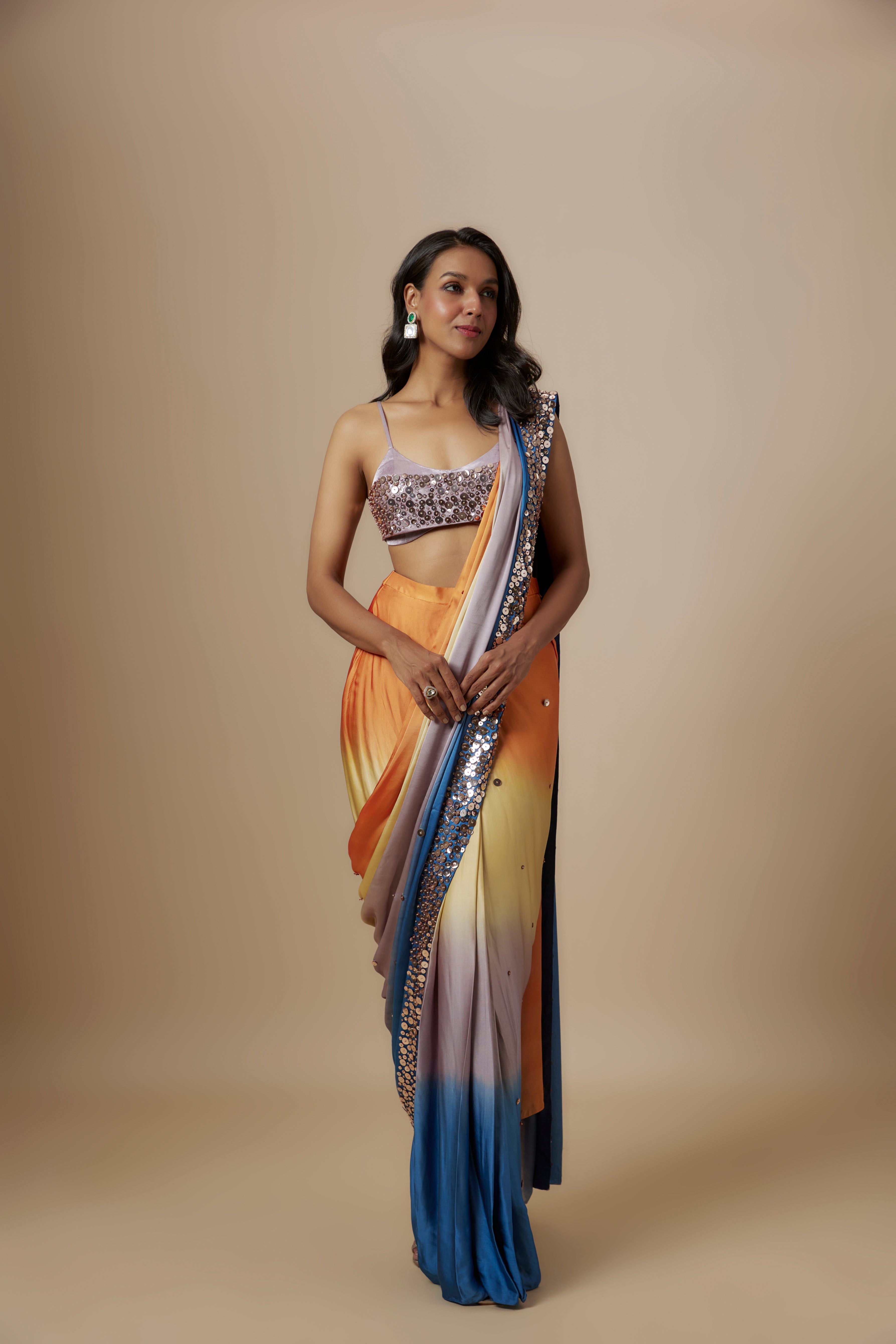Multi-Colour Ombre Saree With Lilac Blouse