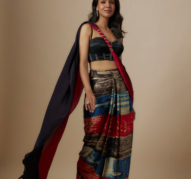 Rust Ajrakh Printed Saree With Black Blouse