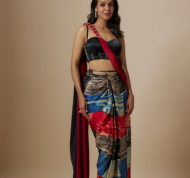 Rust Ajrakh Printed Saree With Black Blouse