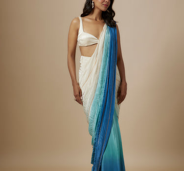 Blue Ombre Embroiderd Saree With Cream Blouse