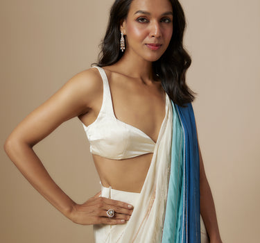 Blue Ombre Embroiderd Saree With Cream Blouse