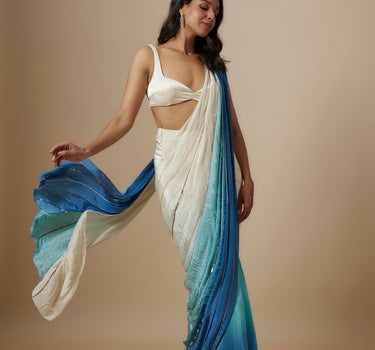 Blue Ombre Embroiderd Saree With Cream Blouse